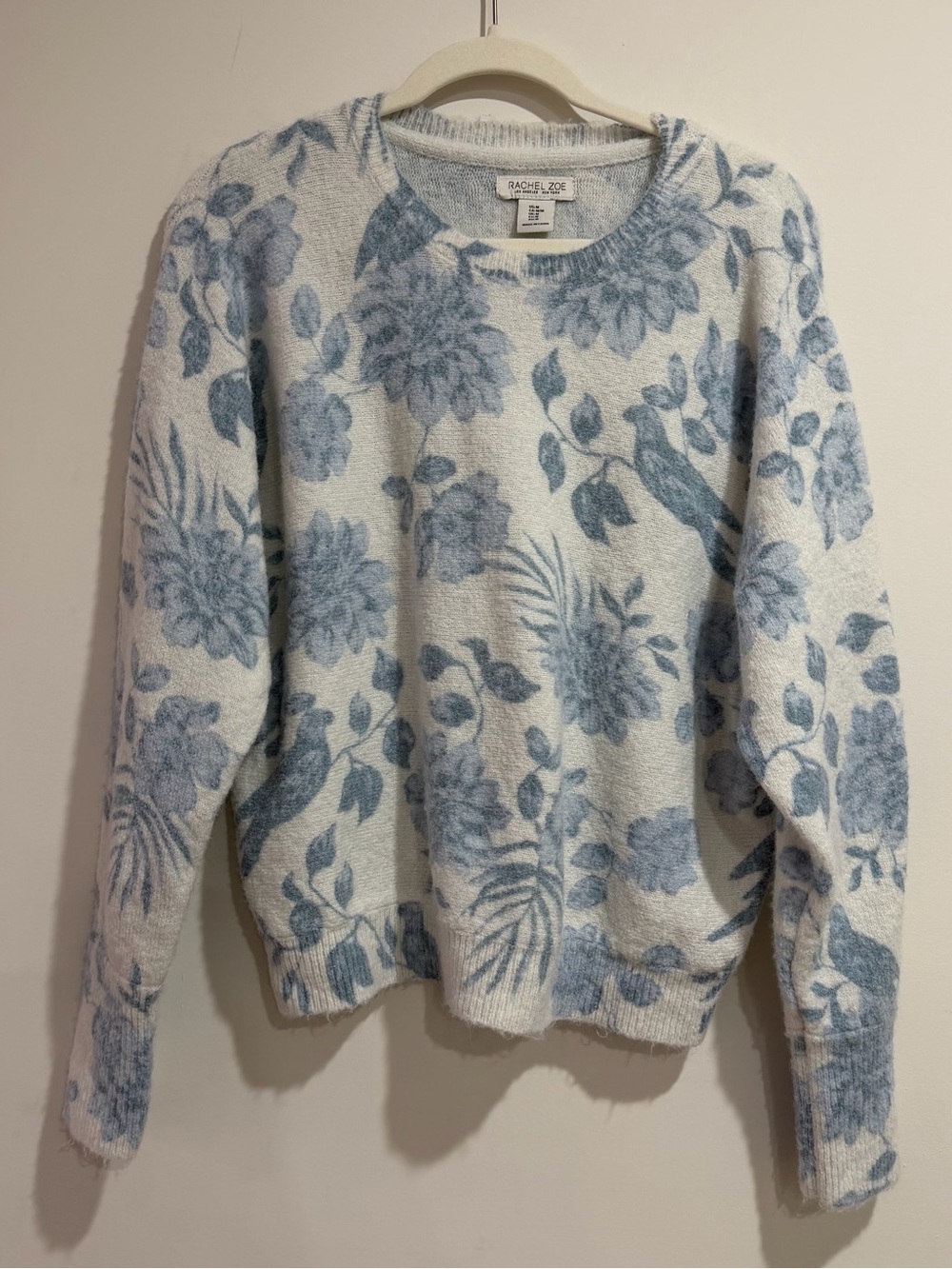 Rachel Zoe Cream and Dusty Blue Floral Crewneck Sweater